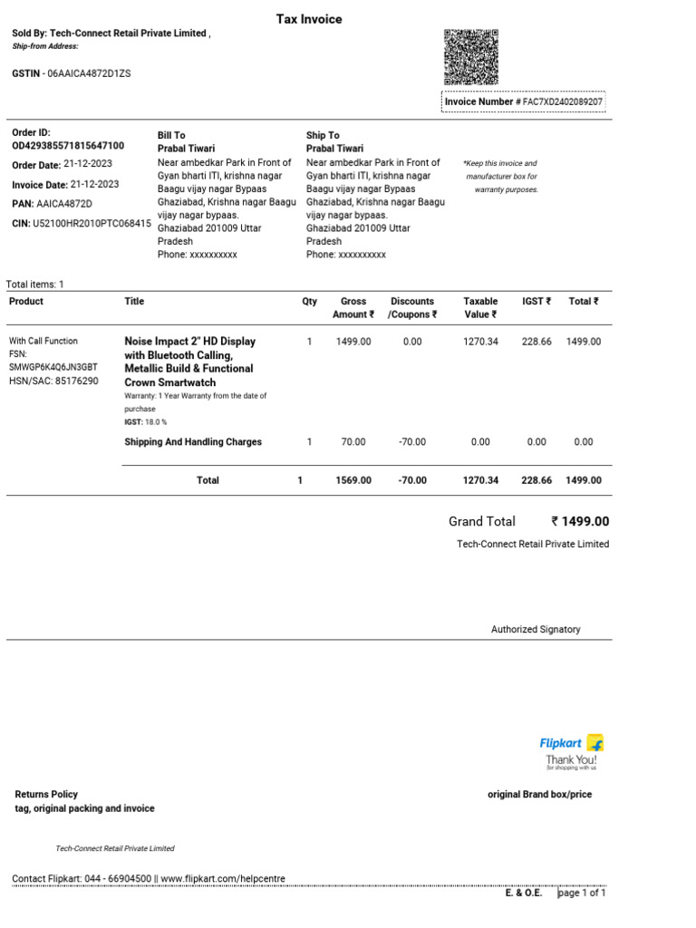 Tech-Connect Invoice for Smartwatch Purchase | PDF | Taxes