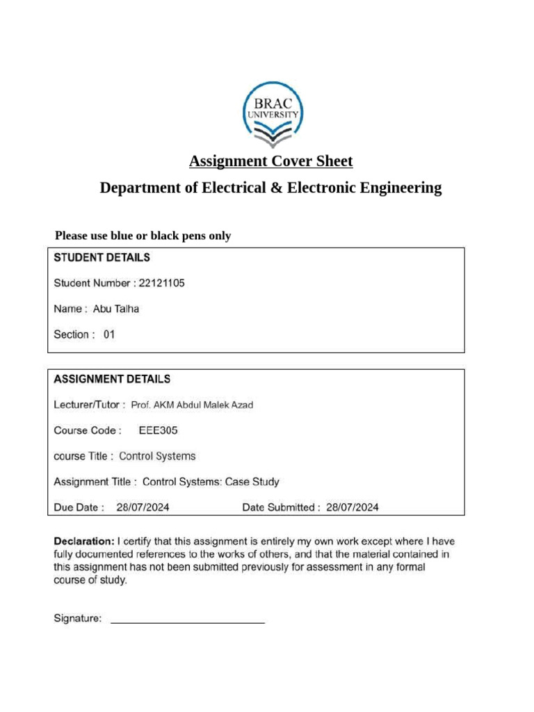 Assignment Cover Page EEE305 | PDF