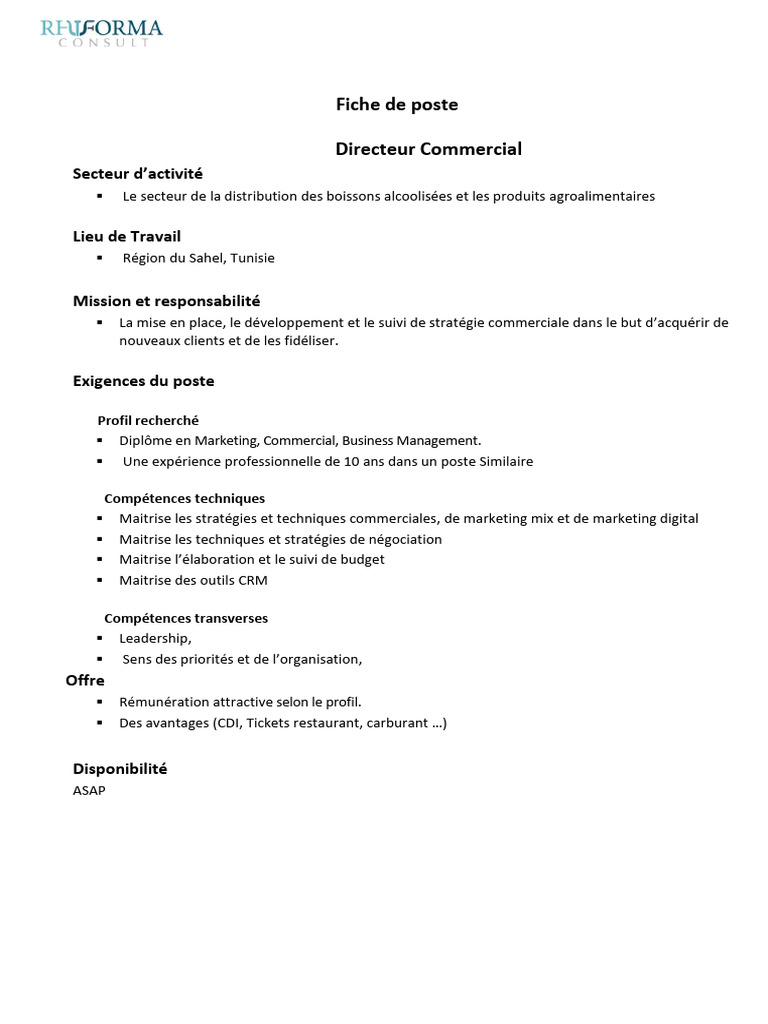 Fiche de poste : Directeur Commercial | PDF