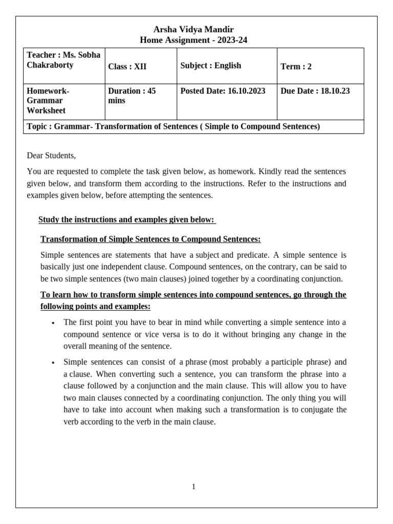 Transform Simple to Compound Sentences | PDF | Sentence (Linguistics ...
