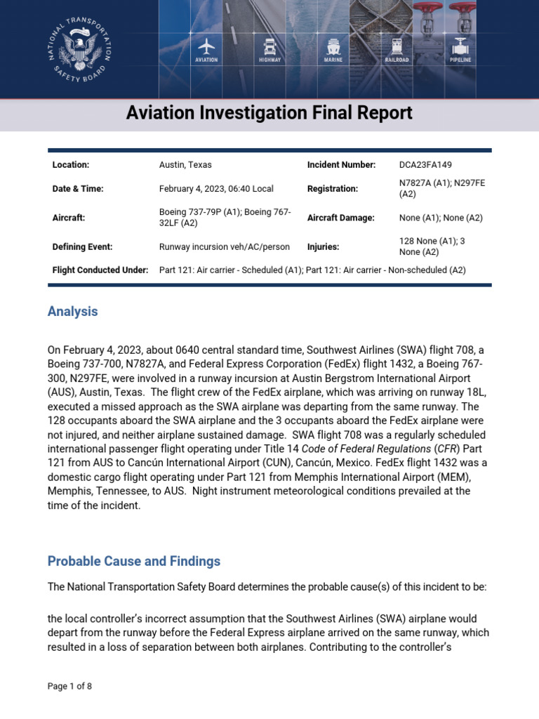 Runway Incursion Report: AUS Incident | PDF | Air Traffic Control ...