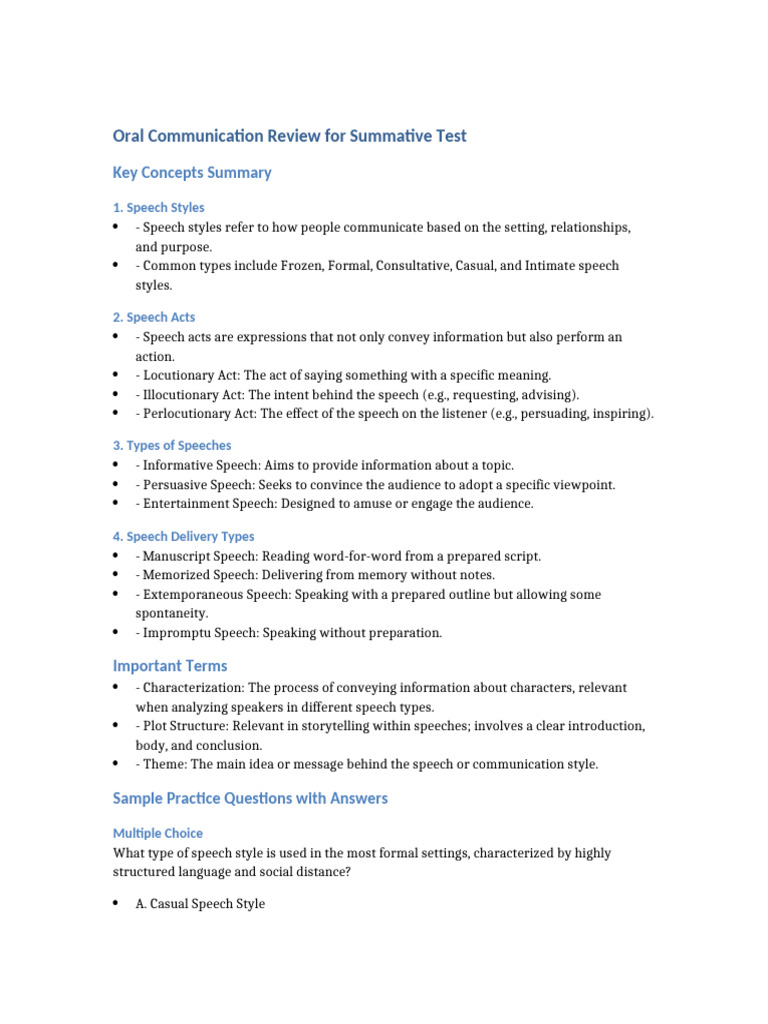 Oral Communication Test Review Guide | PDF | Public Speaking | Speech