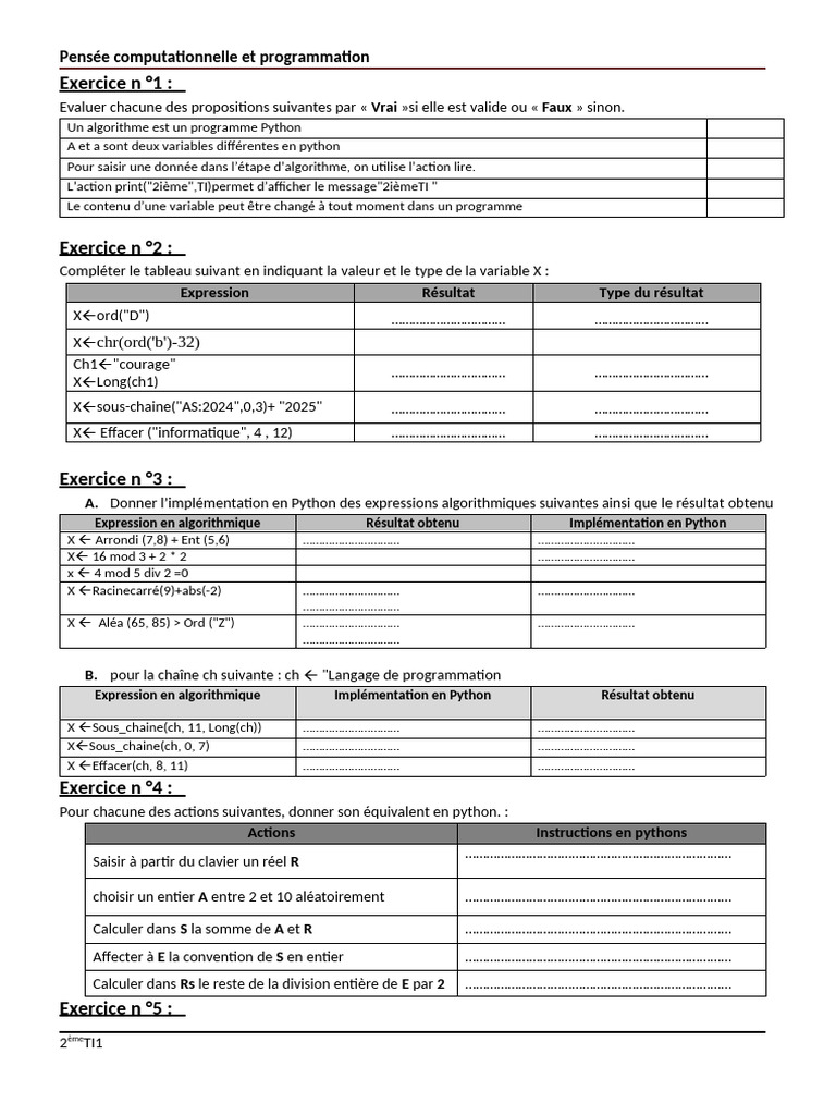 Exercices de programmation Python et algorithmes | PDF | Programmation ...