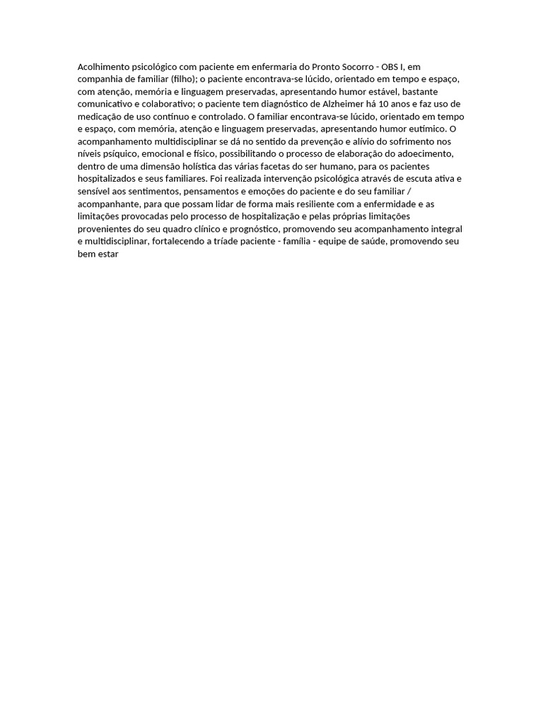 Acolhimento Psicológico Com Paciente em Enfermaria Do Pronto Socorro | PDF