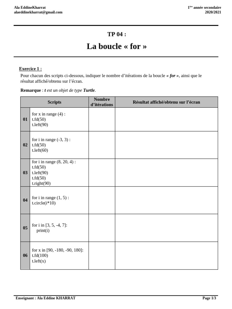 Exercice sur la boucle « for » en Python | PDF | Python (Langage de ...