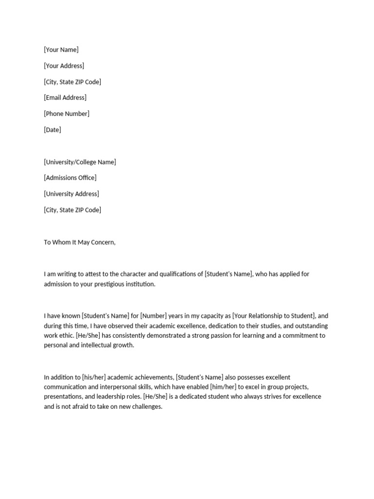 Character Reference Letter for Student Admission | PDF