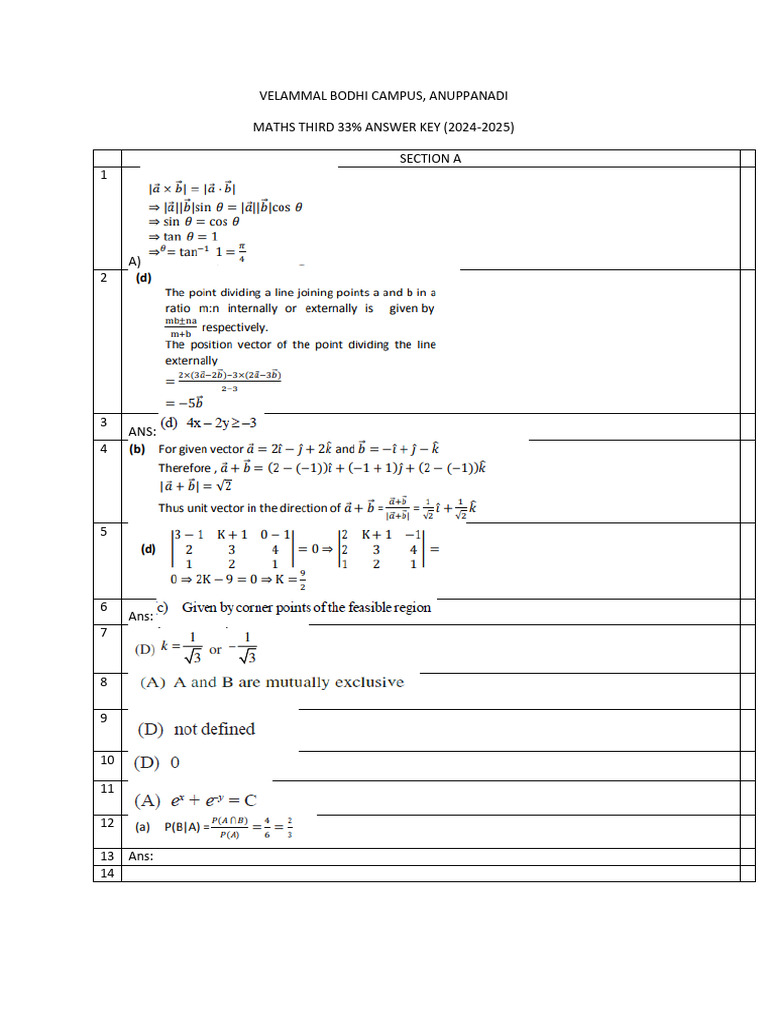 Maths Answer Key for Question 33 | PDF
