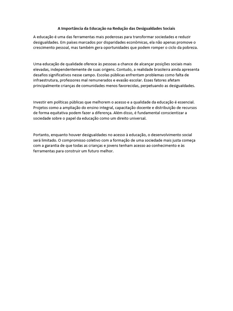 Educação e Desigualdade Social no Brasil | PDF