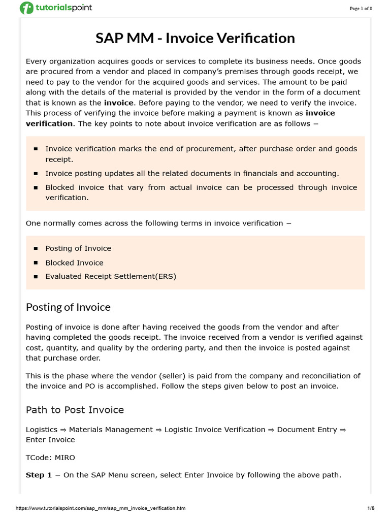 SAP MM - 23 V Invoice Verification | PDF | Invoice | Receipt