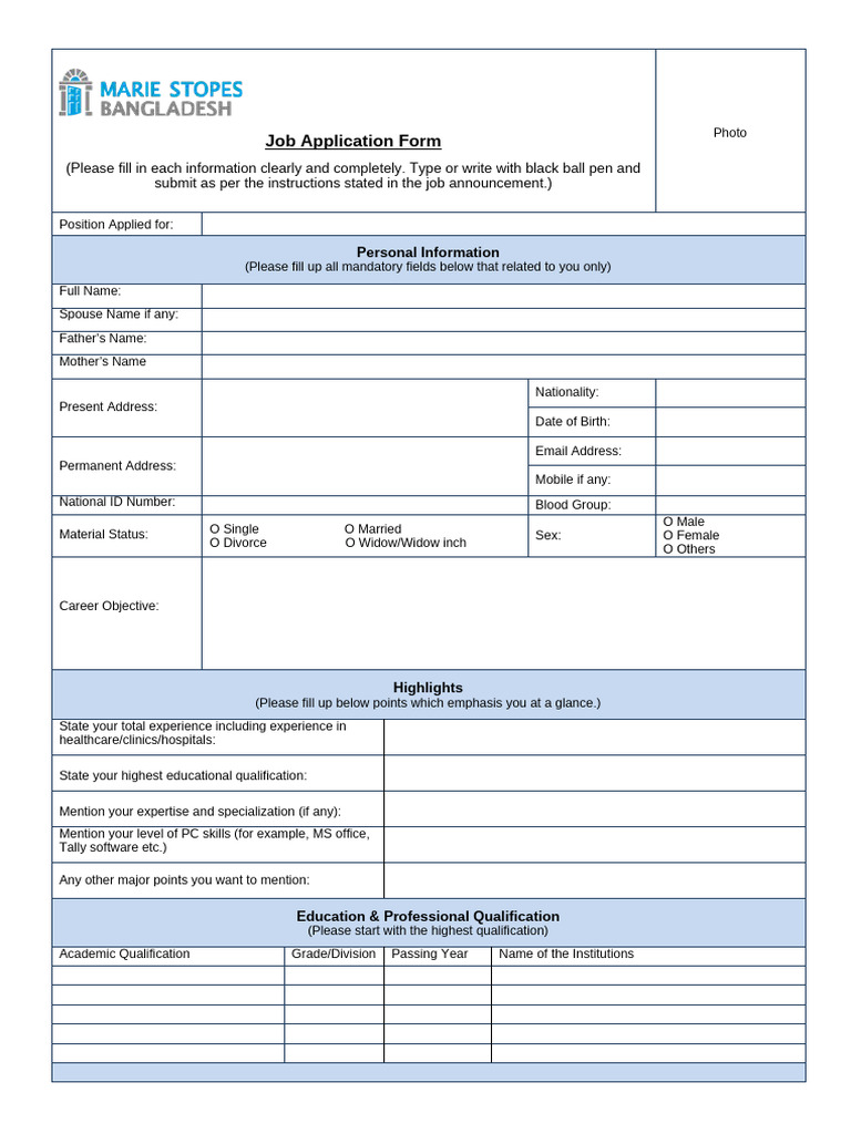 MSB Job Application Form | PDF