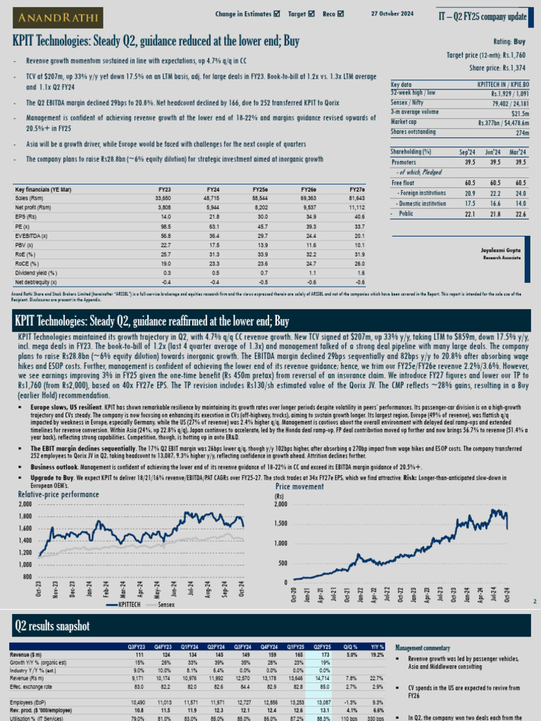 KPIT Q2 FY25: Steady Growth, Buy | PDF | Stocks | Business