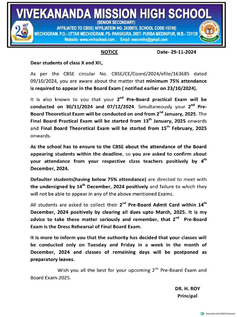 Notice Attendance X and XII Matter | PDF