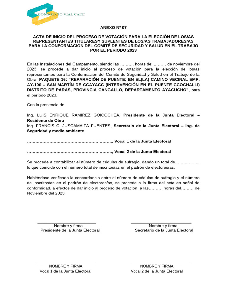 Acta de Inicio de Votación 2023 | PDF