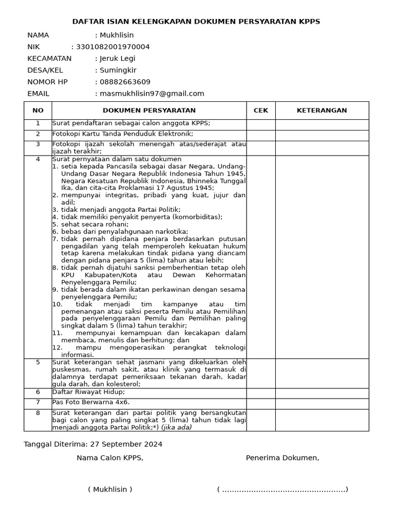 Persyaratan Dokumen Calon KPPS | PDF