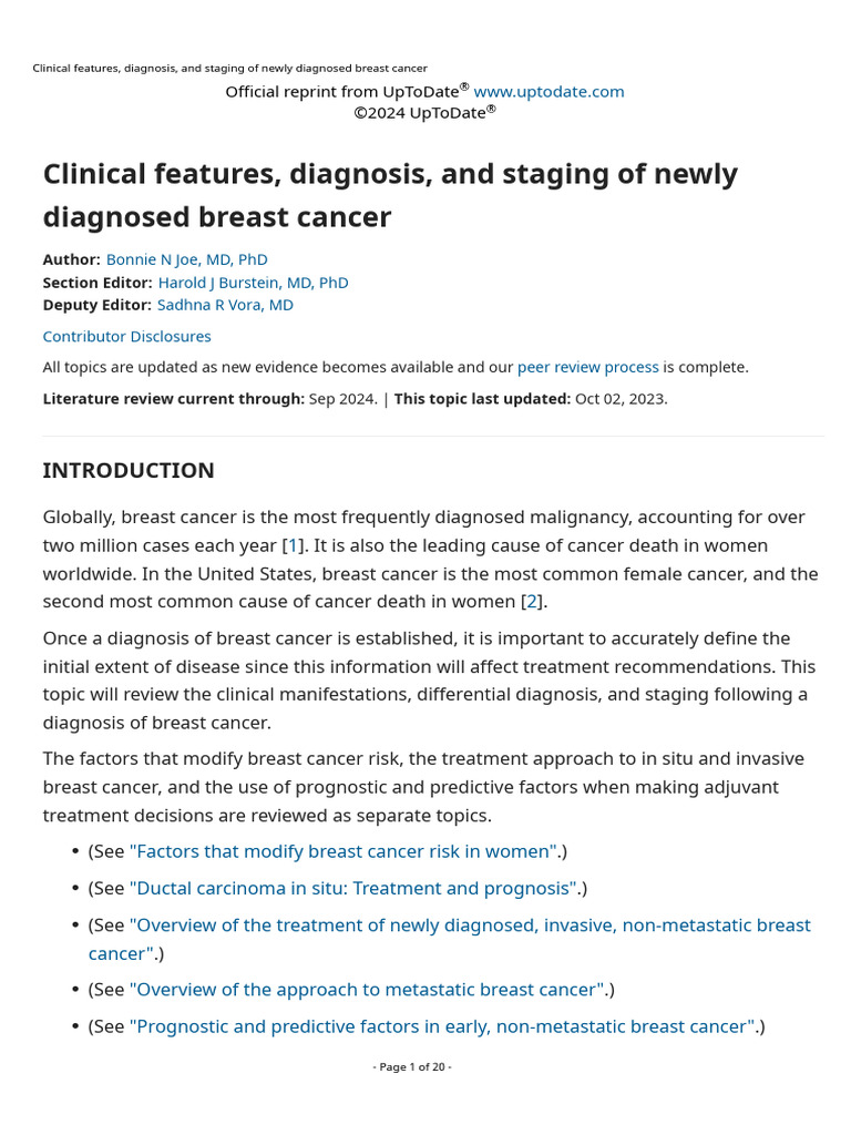 Clinical Features, Diagnosis, and Staging of Newly Diagnosed Breast ...