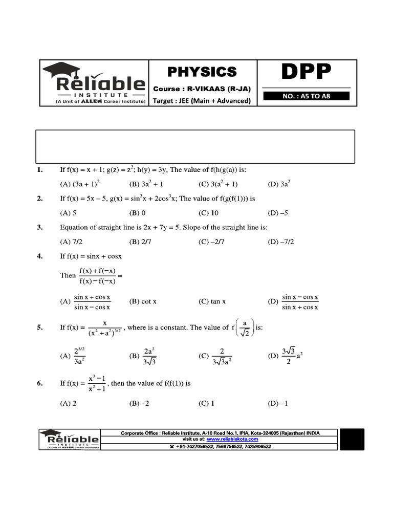DPP-5 To 8 English - Physics For JA | PDF