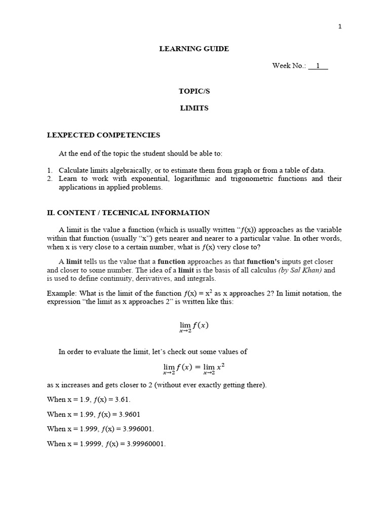 Weeks 1 4 Differential Calculus | PDF | Function (Mathematics) | Limit ...