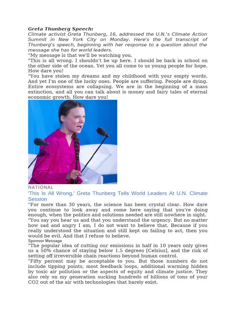 Greta Thunberg Speech Pdf Change Climate