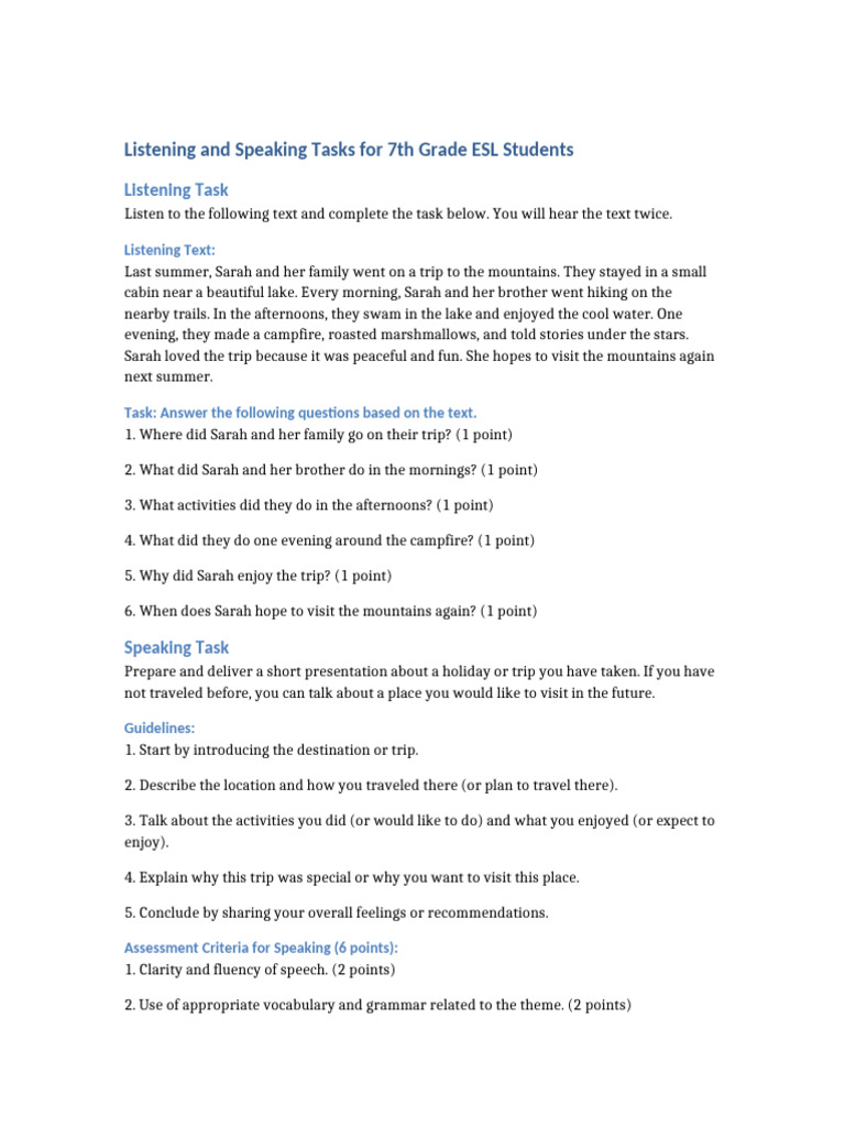ESL Listening and Speaking Tasks for 7th Grade | PDF