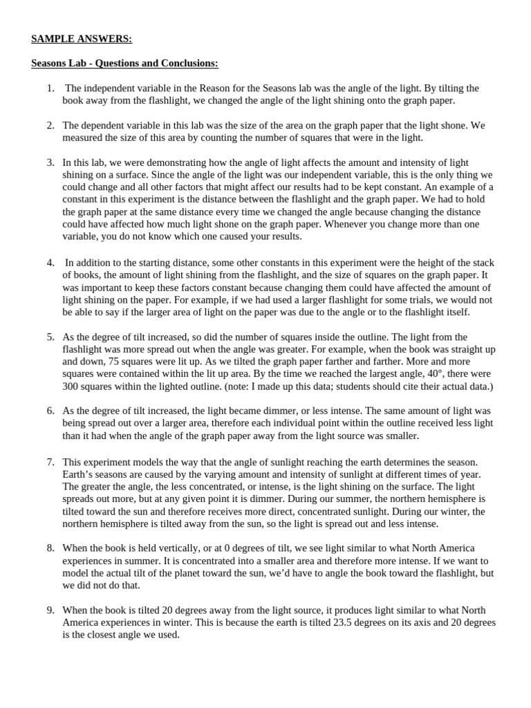 Seasons Lab: Light Angle Effects | PDF | Earth | Experiment