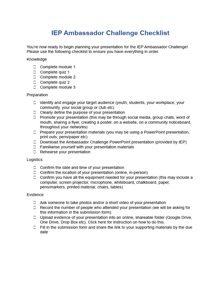 Ambassador Challenge Checklist | PDF