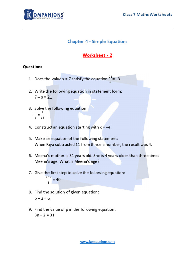 Class 7 Maths Chapter 4 Simple Equations Worksheet 2 | PDF