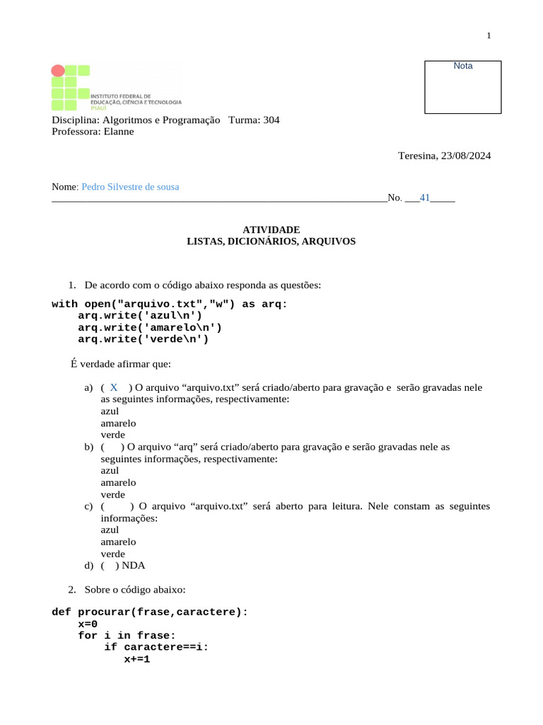 Atividade sobre Listas e Funções em Python | PDF | Arquivo de texto ...