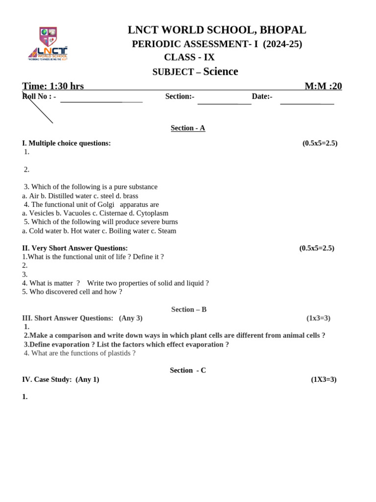 Class 9 Science PA1 Test Paper 2024 | PDF | Water | Gases
