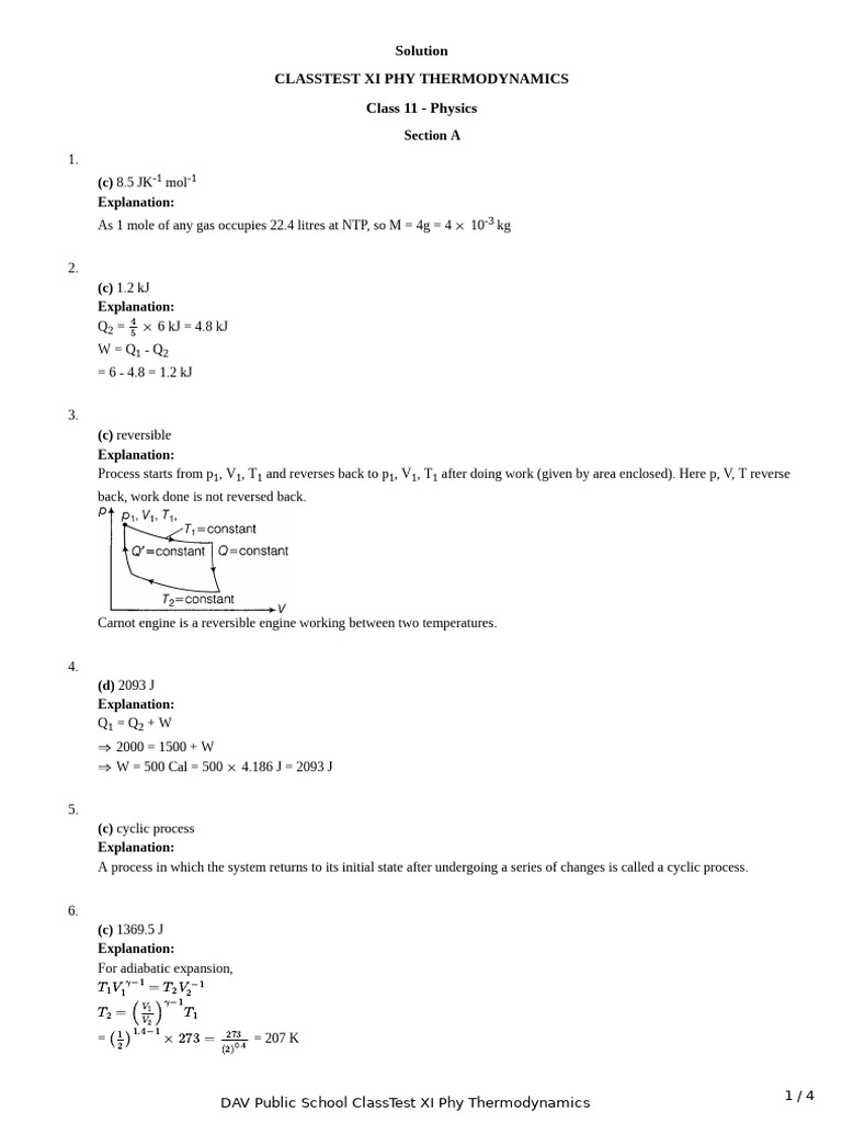 Class 11 Physics Thermodynamics Test Solutions | PDF | Heat | Heat Capacity