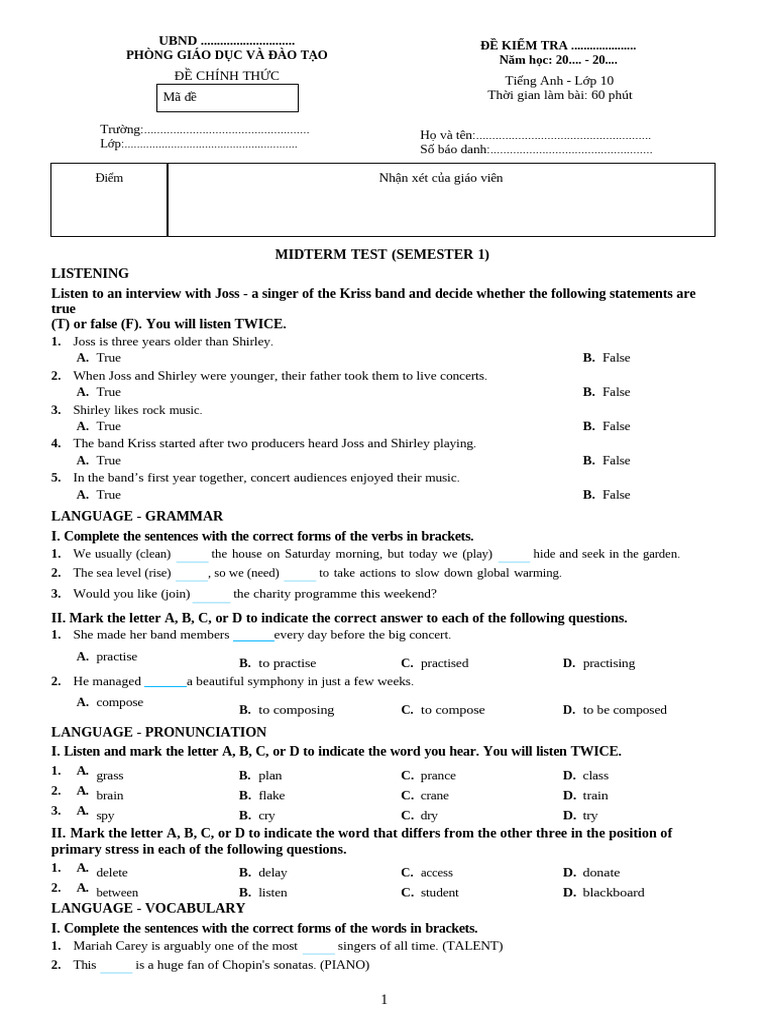 English Midterm Test for Grade 10 | PDF | Grandparent | Parenting