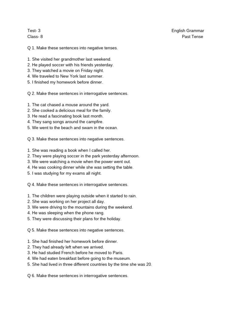 Grammar Test 3 | PDF | Dinner