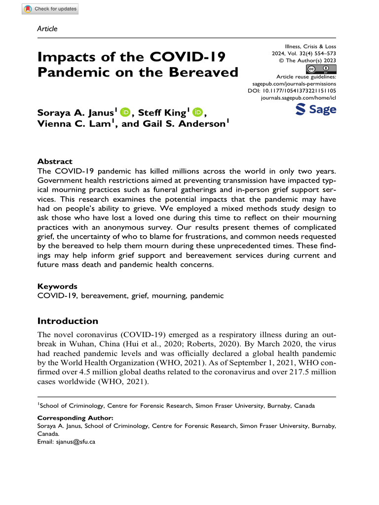 Impacts of The COVID-19 Pandemic On The Bereaved | PDF | Grief