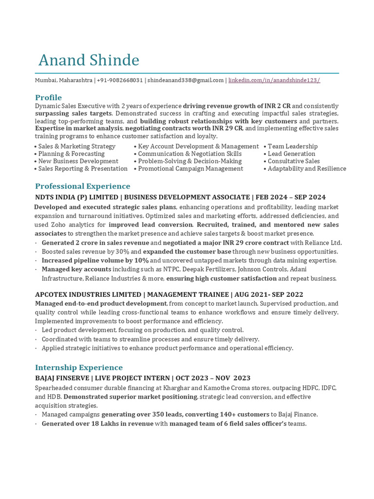 Anand Shinde Profile Pdf Marketing Sales