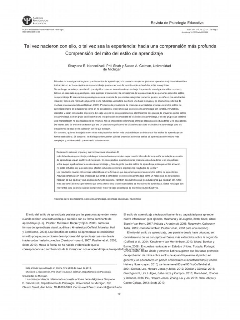 2.5 estilos de aprendizaje neuromito PDF Aprendizaje Metodología