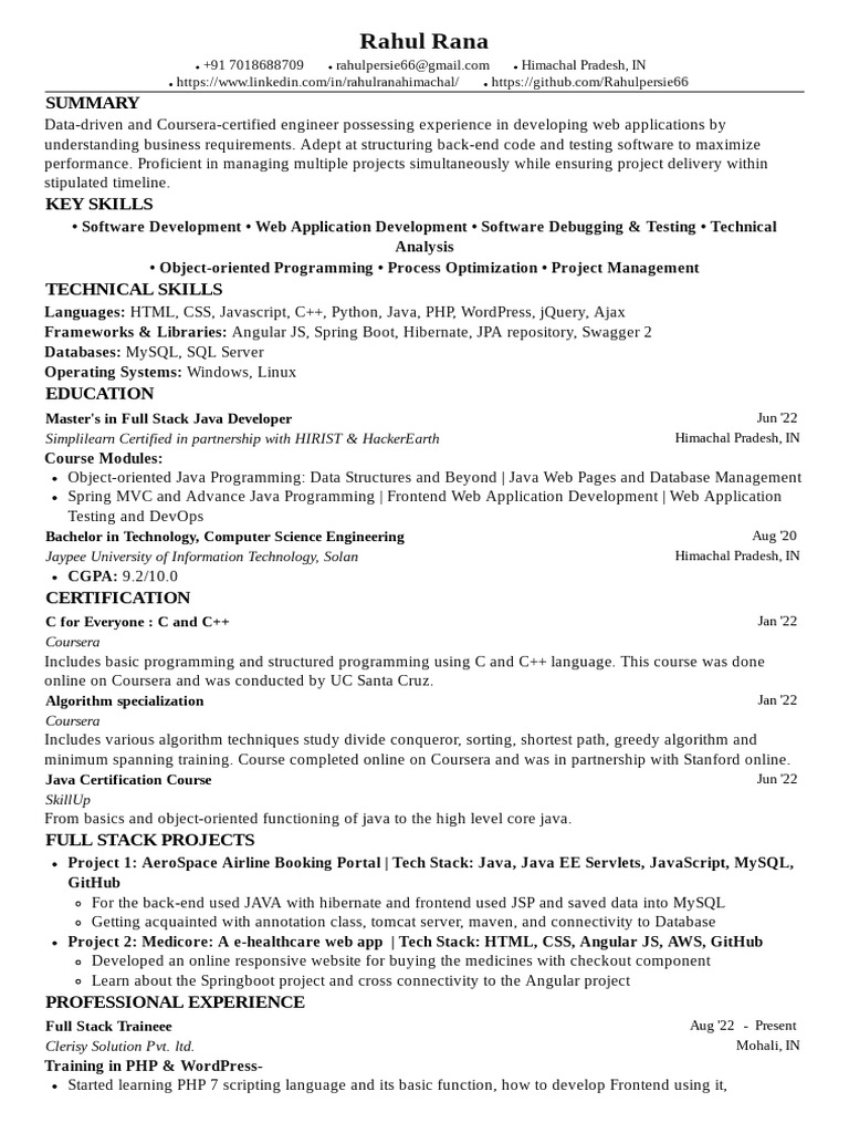 Rahul Rana Full Stack Java Developer+ | PDF | Web Application ...