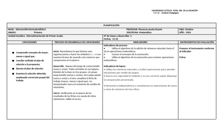 Planificación de Matemáticas para Primer Grado | PDF | Sustracción