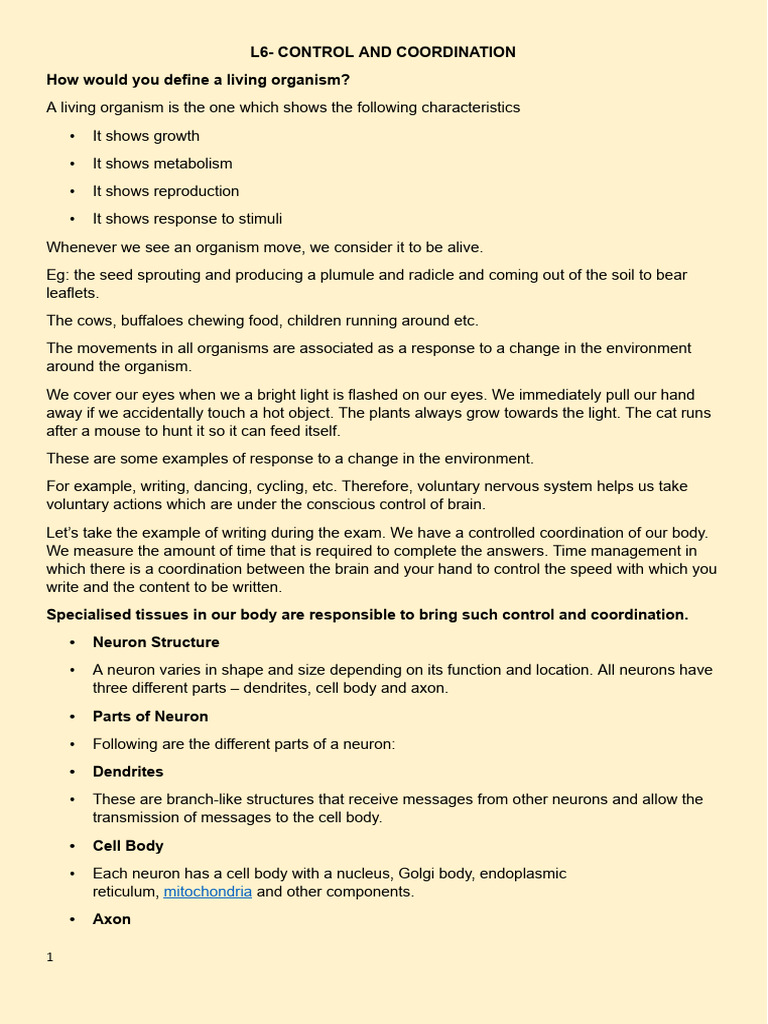 Control and Coordination in Organisms | PDF | Plant Hormone | Neuron