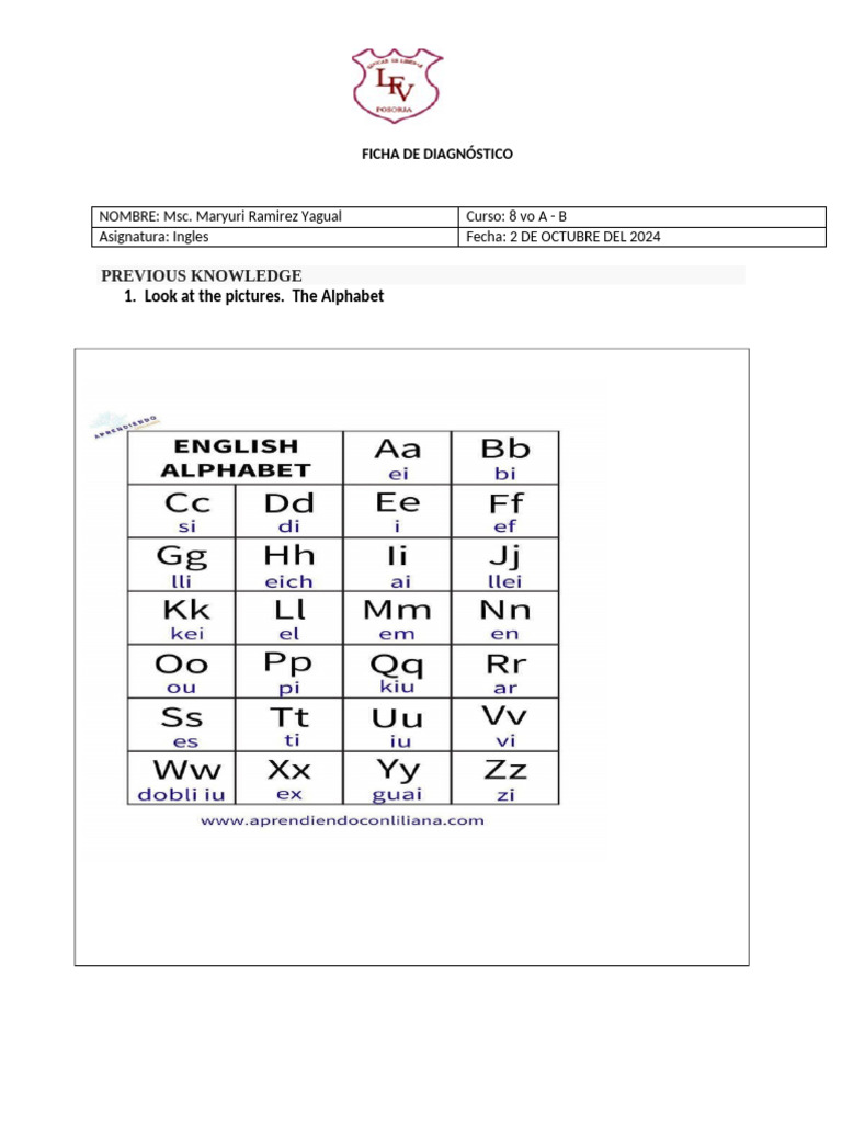 FICHA DE DIAGNÓSTICO INGLES 8VO A- B 13 de mayo- 2024 | PDF