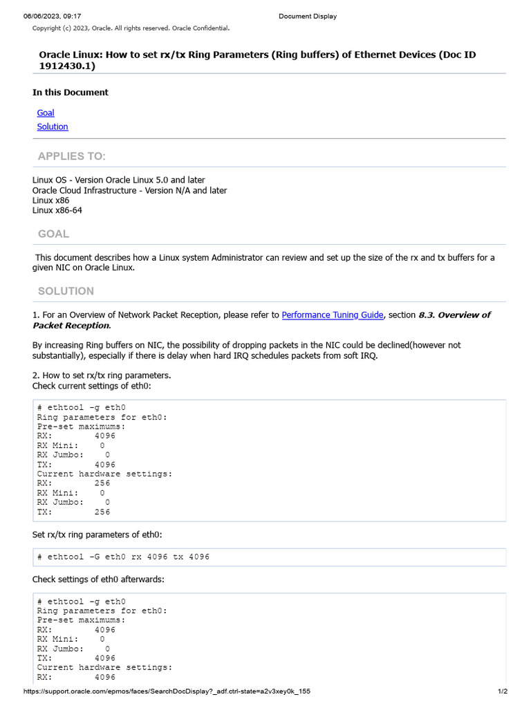 Support Note 1912430.1 Oracle Linux How To Set RX TX Ring Parameters ...