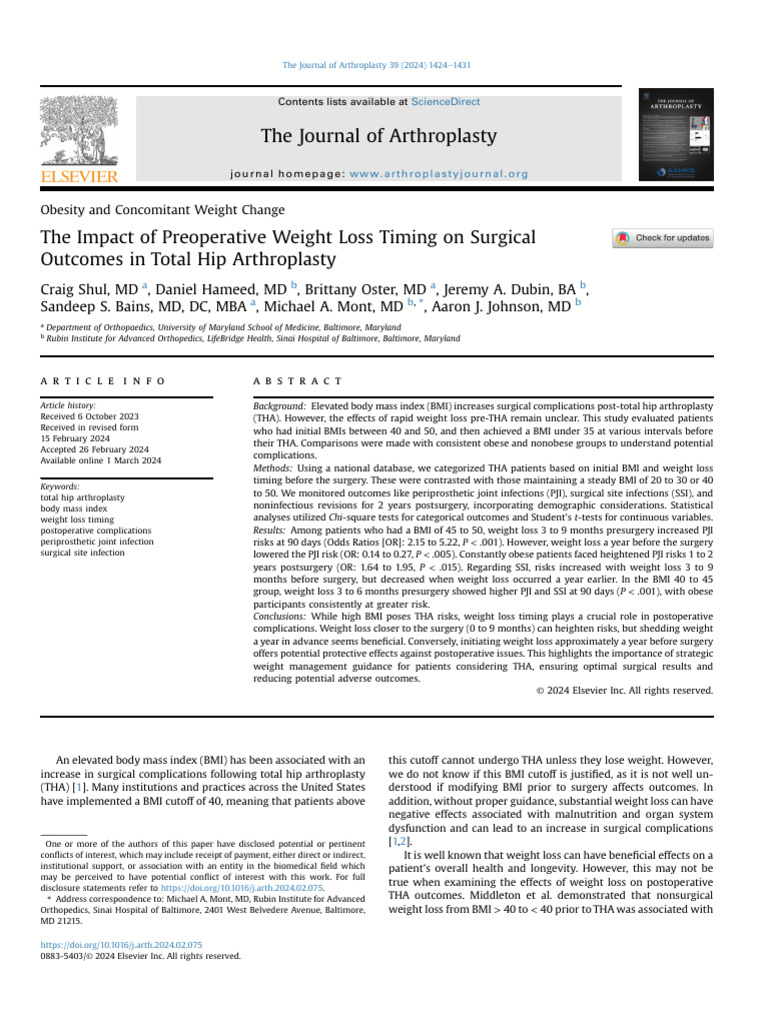 The Impact of Preoperative Weight Loss Timing On Surgical Outcomes in ...