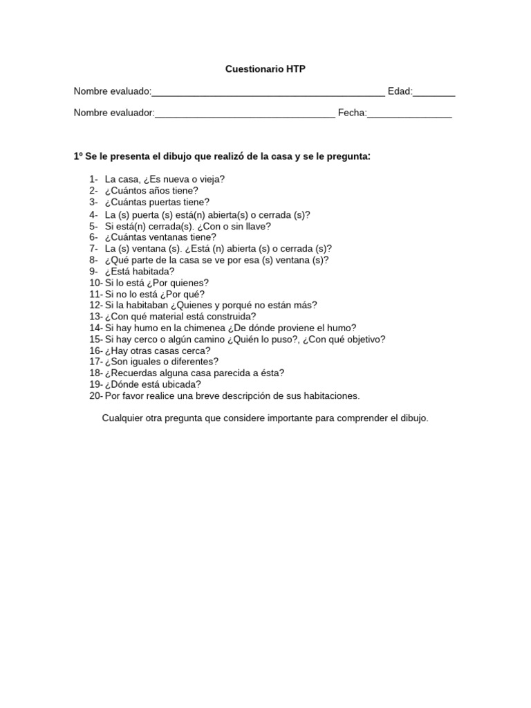 Cuestionario de Evaluación HTP | PDF