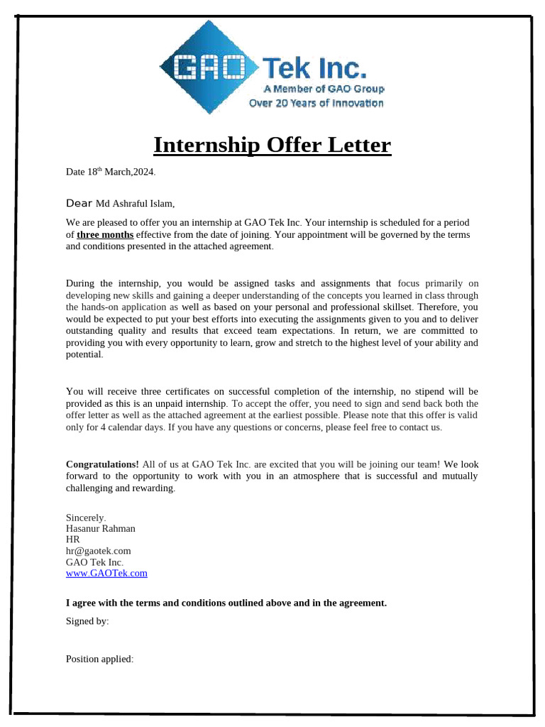 Internship Offer Letter | PDF