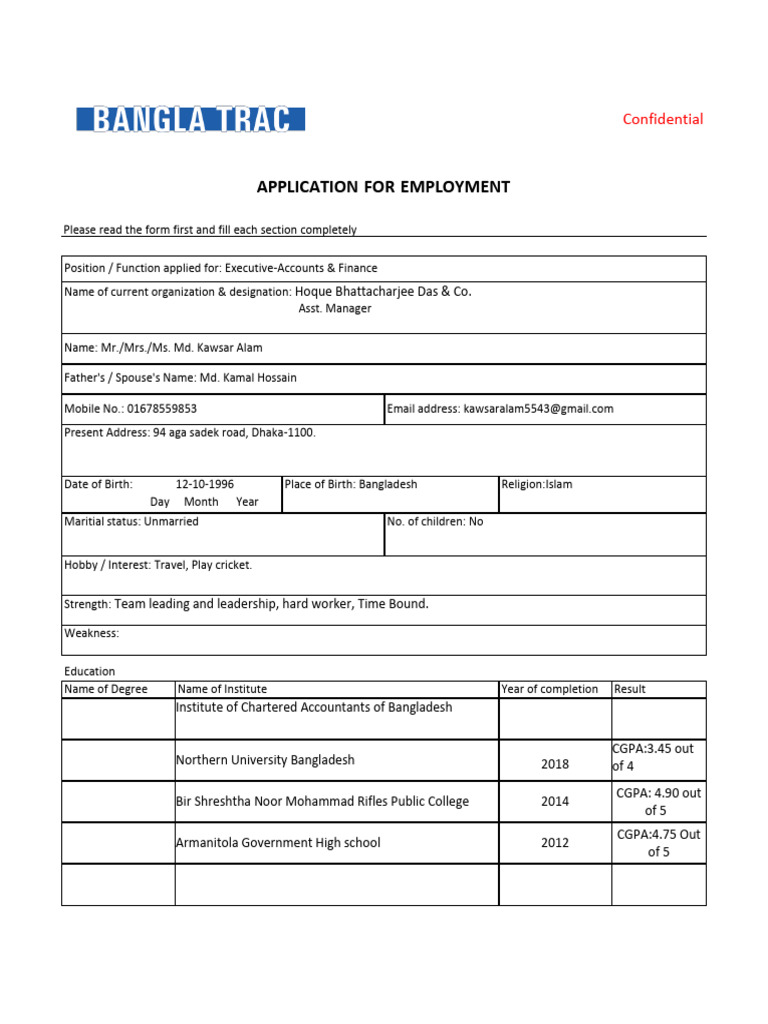 Employee application for employment form english pdf