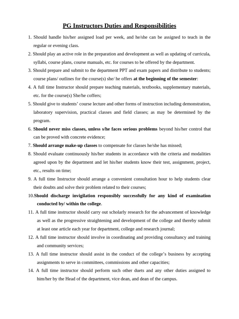 PG Instructor Duties and Responsibilities | PDF