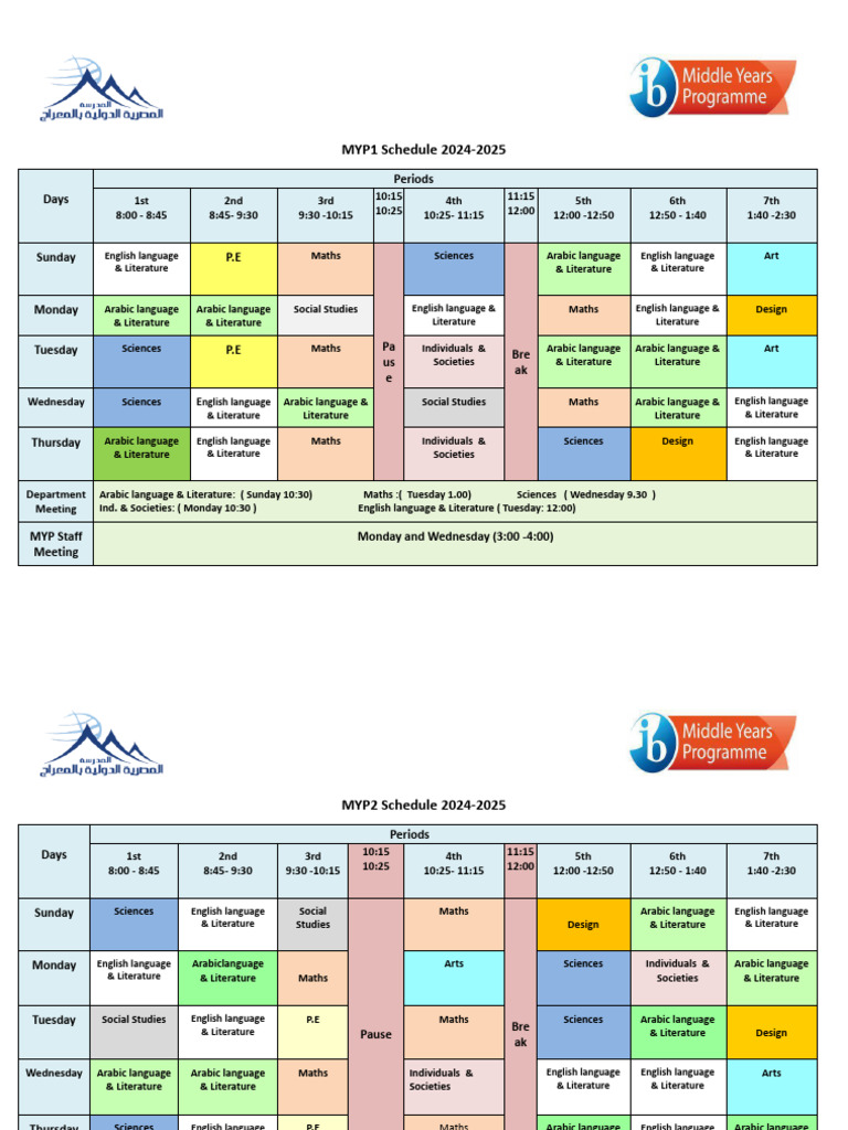 MYP 2024-2025 Class Schedule | PDF