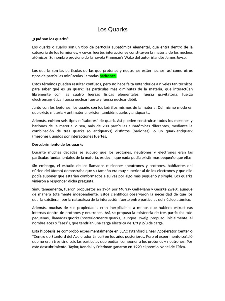 Los Quarks | PDF | Partículas fisicas | Cuarc