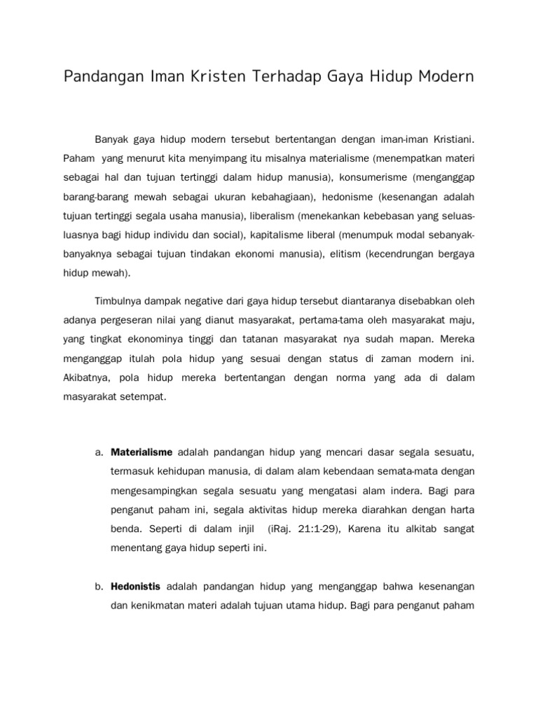 Pandangan Iman Kristen Terhadap Gaya Hidup Modern