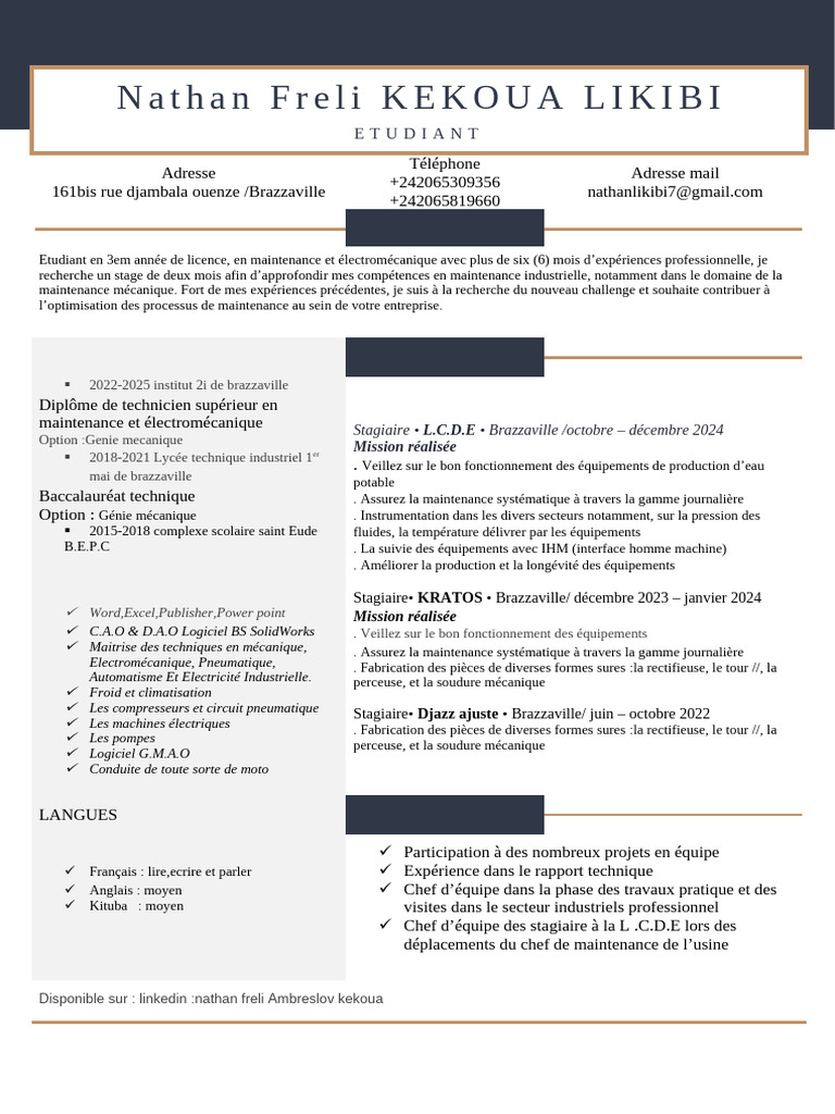 CV Nathan Freli Kekoua - Étudiant en Mécanique | PDF