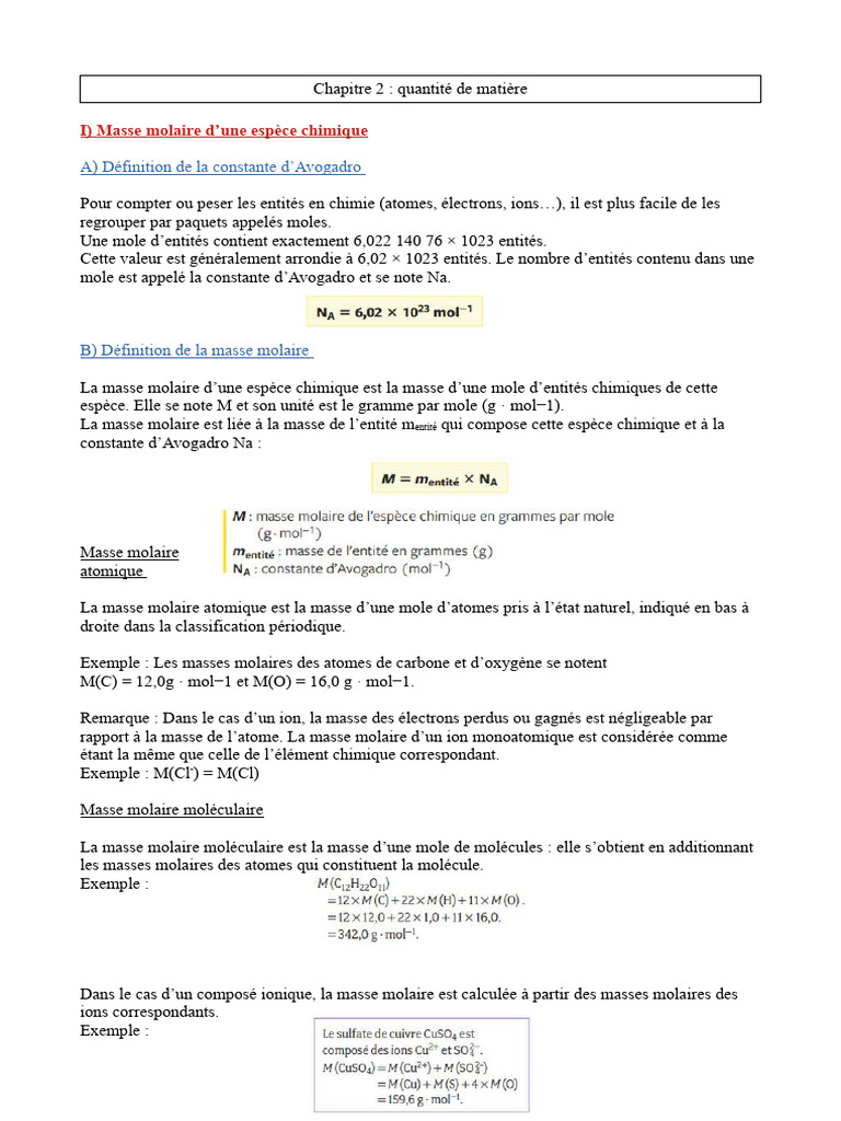 Concentration et masse molaire en chimie | PDF | Concentration molaire ...