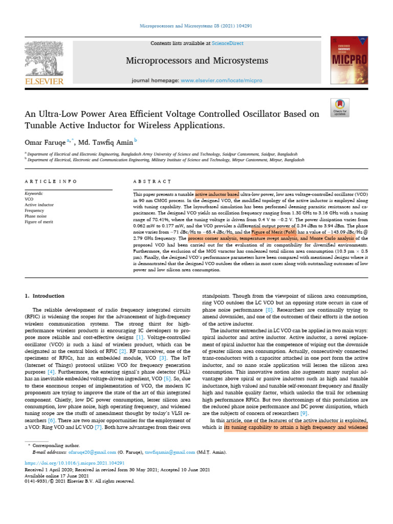 Ultra-Low Power VCO with Active Inductor | PDF | Mosfet | Inductor